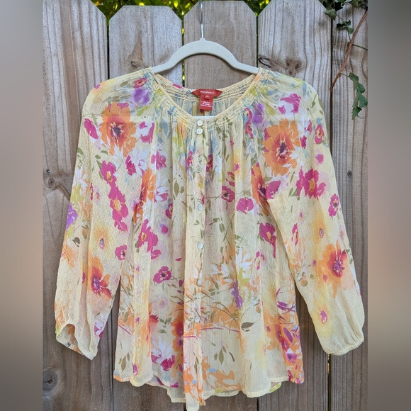 Sundance Silk Light Yellow Floral Patterned Lightweight Blouse - Picture 3 of 12